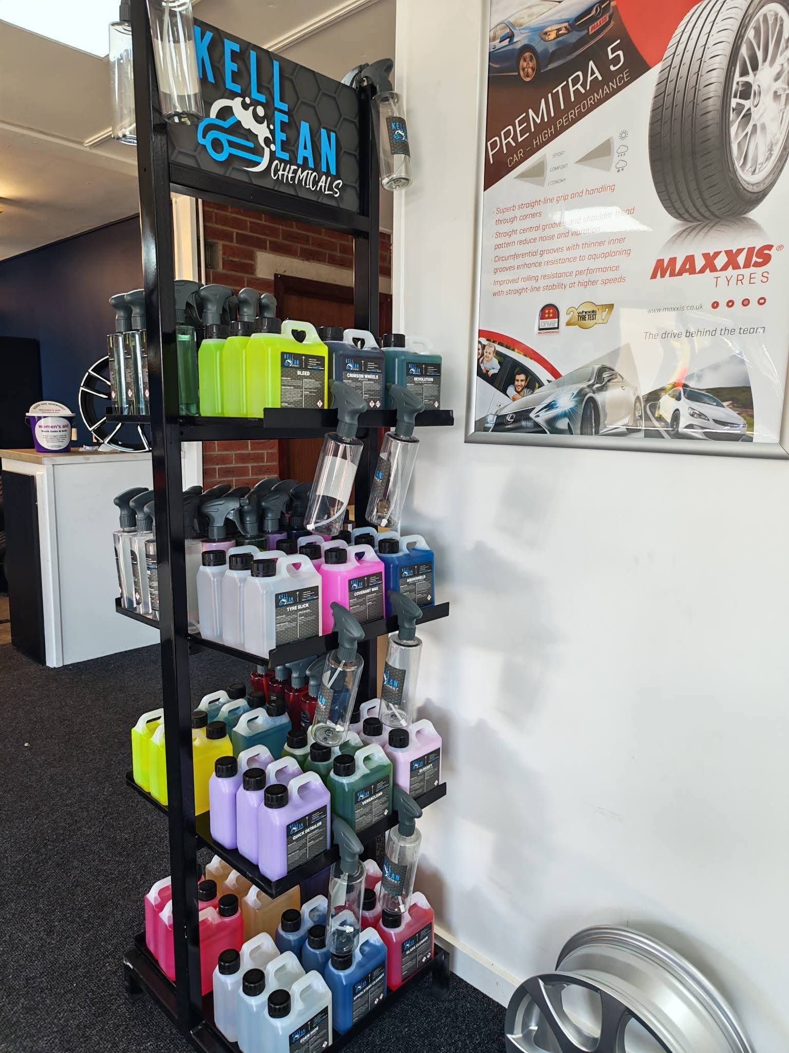 Kell Ean Chemicals range in Donaghadee Tyres waiting room