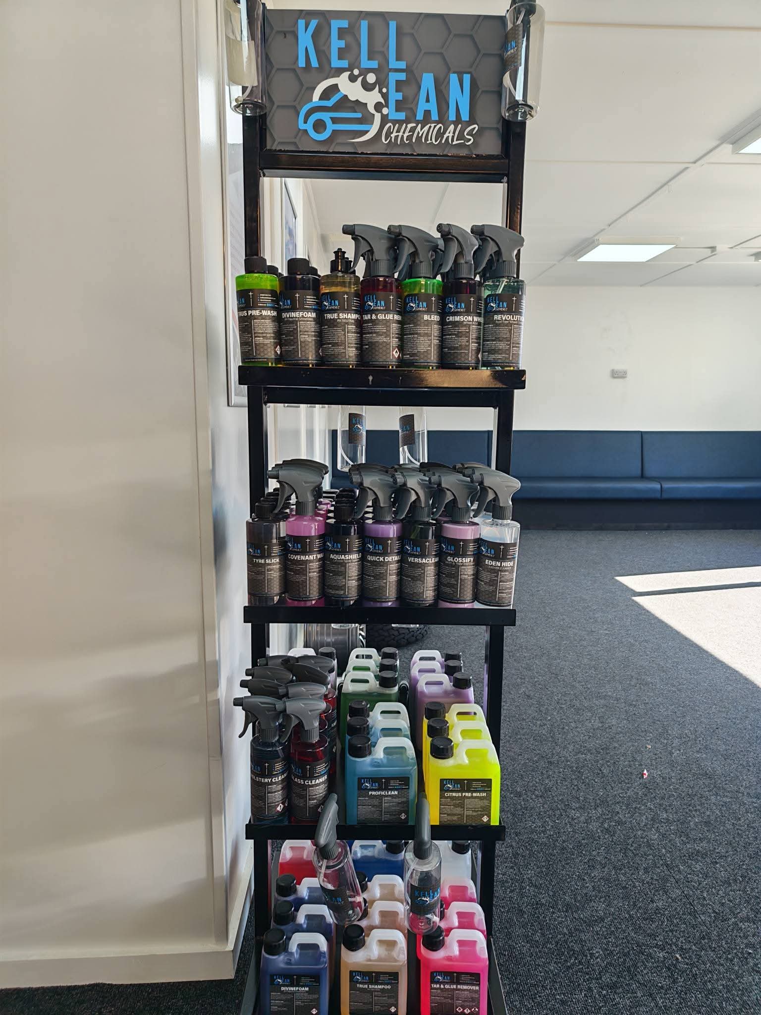 Kell Ean Chemicals product display stand at Donaghadee Tyres